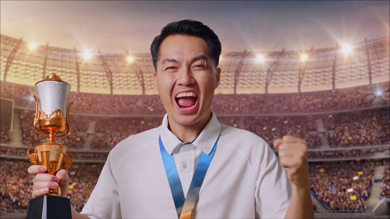 금메달과 트로피를 들고 있는 아시아인 선수가 골을 치며 경기장에서 첫 우승을 축하하고 있다.