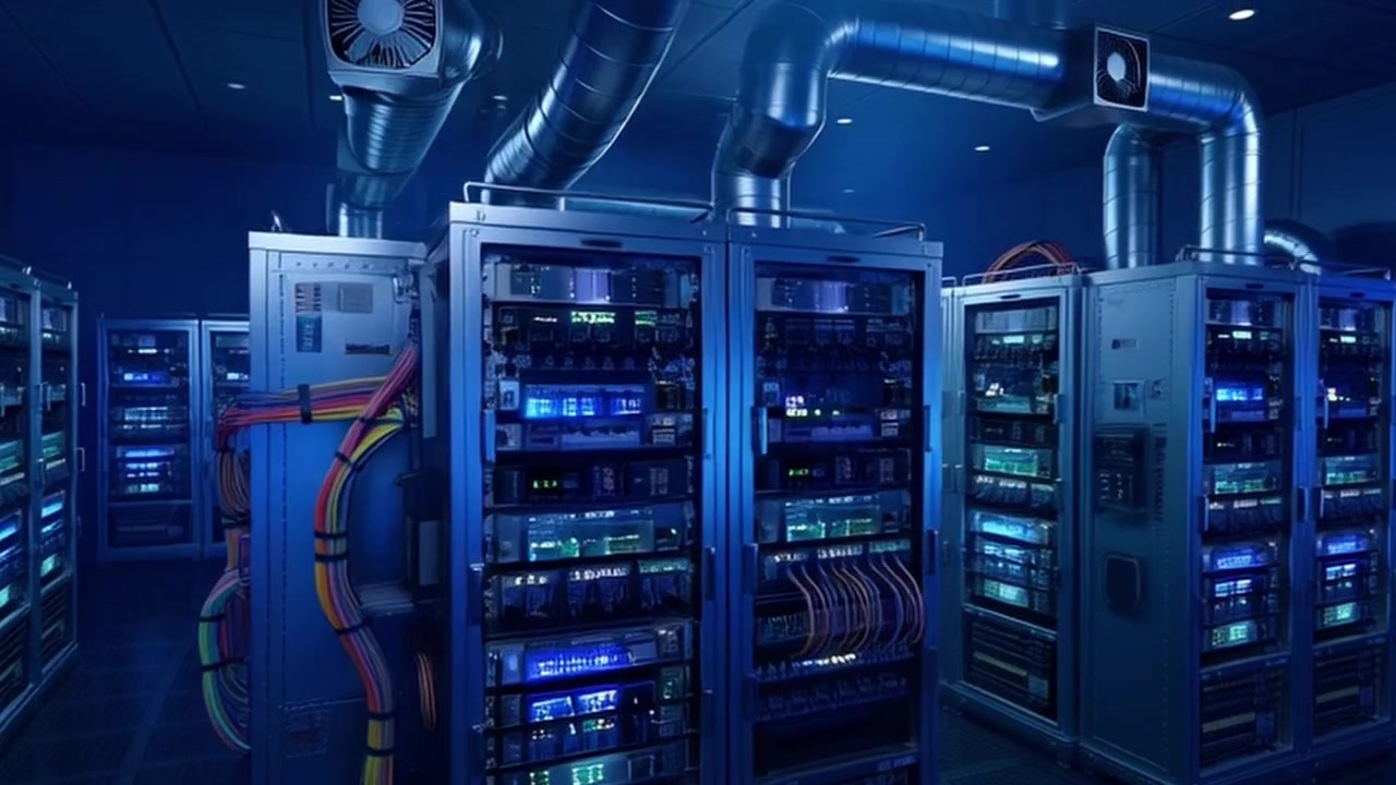 Modern Server Room with Rows of Network Equipment