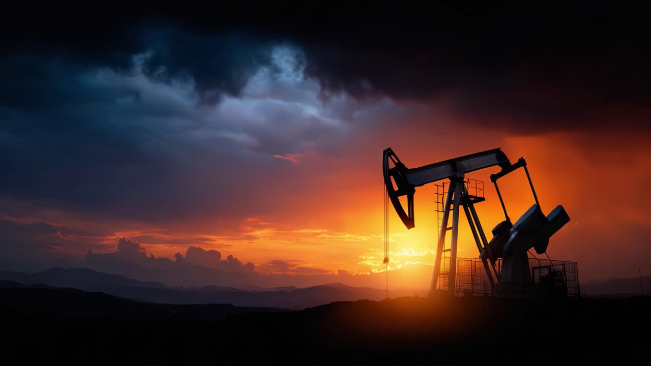 Dramatic Sunset Over Oil Pumping Station Highlighting Industrial Energy Production Against Stunning Vibrant Sky with Mountains in Background