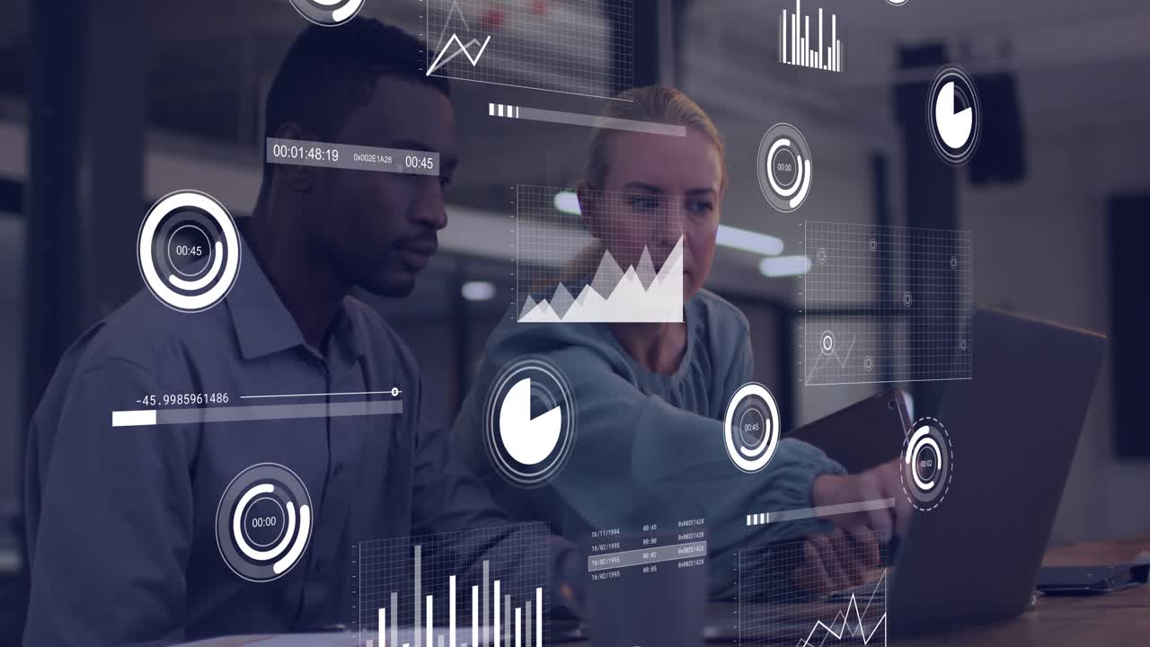 Woman tapping laptop trackpad while man watching HUD shifting and showing charts for analytics