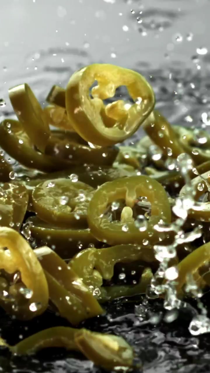 Slow Motion Sliced Green Jalapeño Peppers Falling into Water