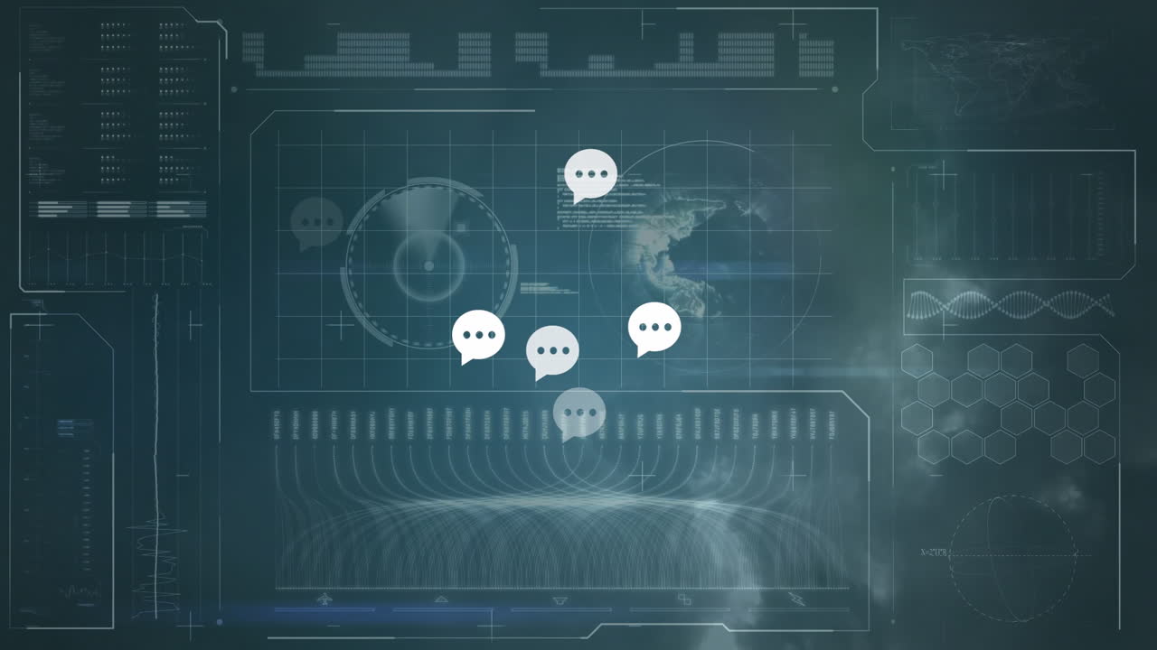 Animation of digital communication icons over world map with global data interface