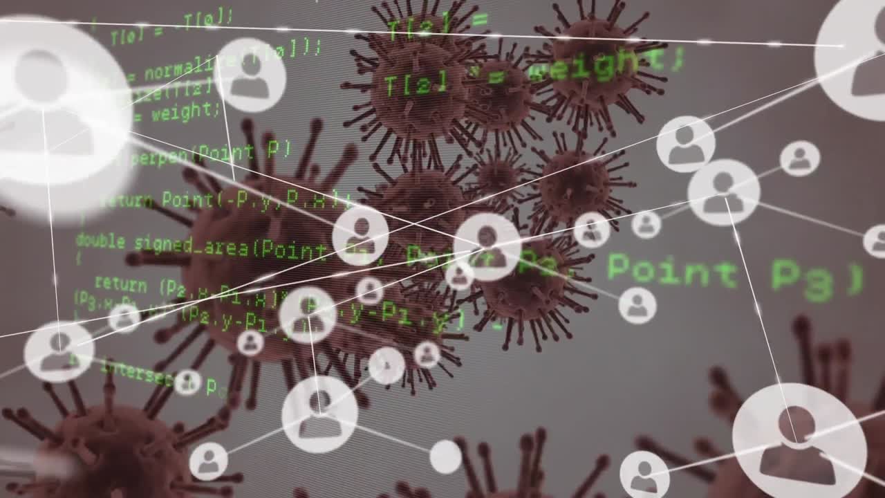 백색 배경에 코로나 세포에 대한 연결 네트워크와 데이터 처리의 애니메이션