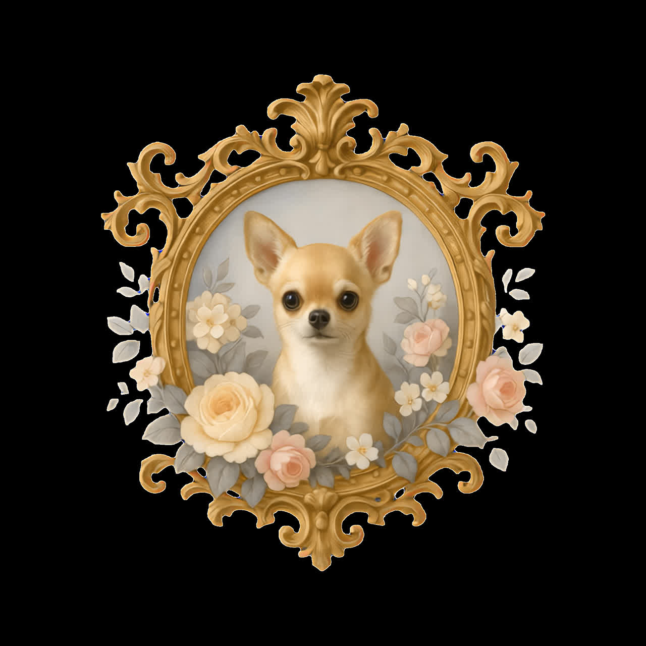 Chihuahua portrait ornate elegance animation isolated asset, transparent 4K video, alpha channel