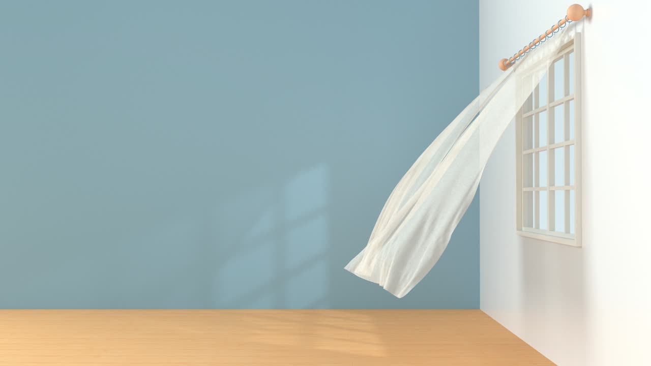 불어나는 커튼의 루프 애니메이션, 인테리어 배경, 3d 렌더링