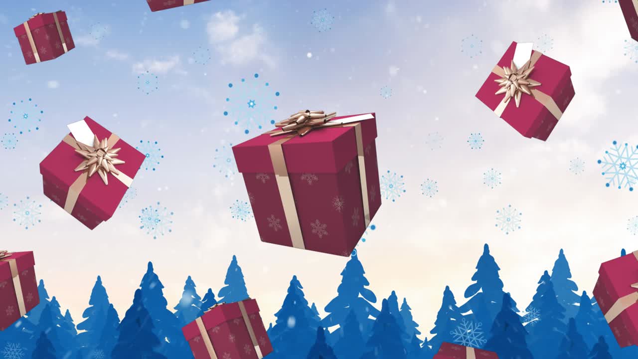 크리스마스 선물 과 겨울 풍경 위 에 내리는 눈 의 애니메이션