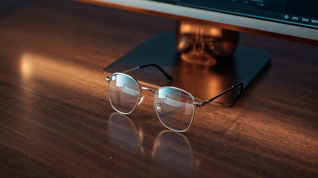 Glasses on a desk in front of a computer monitor