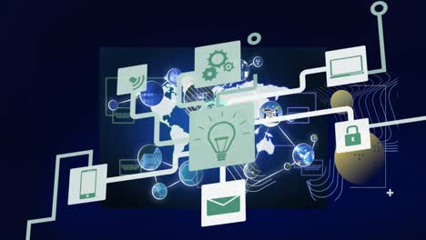 Animation-of-network-of-connections-with-icons,-computer-data-processing