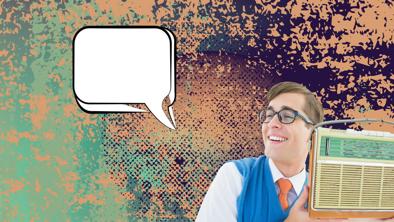 animación de un hombre sosteniendo una radio antigua y una burbuja de habla con espacio de copia en un fondo angustiado