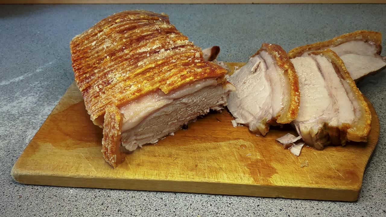 Roast Pork With Crackling on Chopping Board, Danish Food, Traditional Danish Food