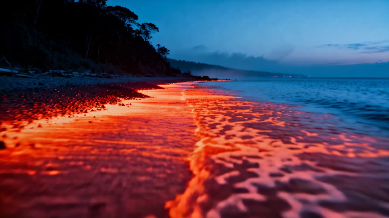 Low camera moving along shore, waves pushing glowing red-orange surf across wet sand, nature