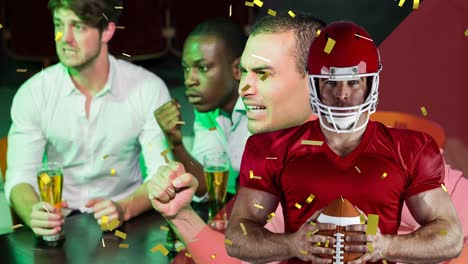 animación de confeti y jugador de fútbol americano sobre un grupo diverso de amigos bebiendo en un bar