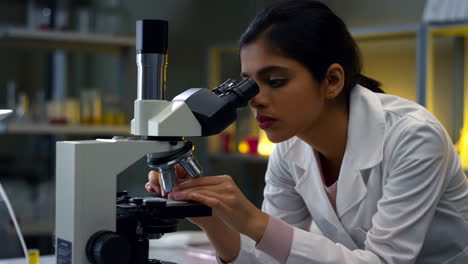 a female scientist uses a microscope in a laboratory