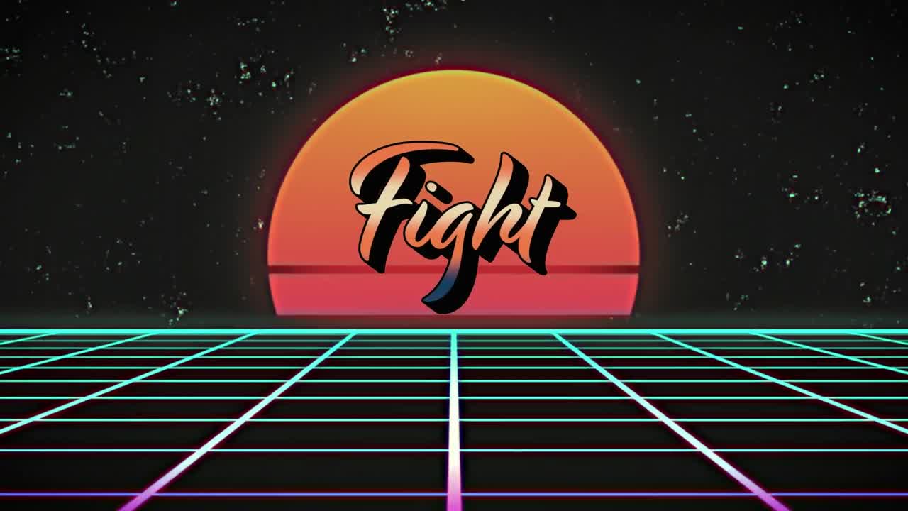 Animazione del testo 'fight' e sole su forme