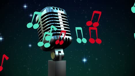 Animation-of-notes-moving-over-vintage-microphone-on-black-background