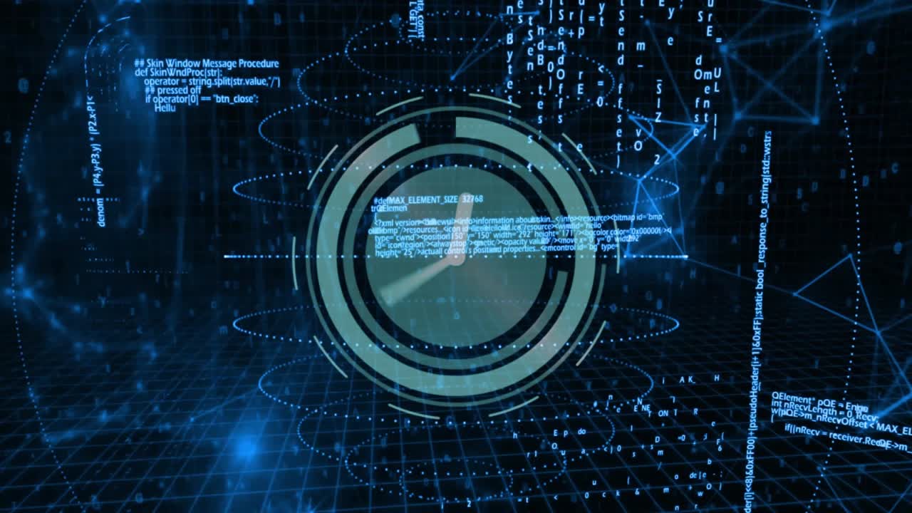 Circular clock floating at center, rings glowing, code snippets cascading over futuristic node grid