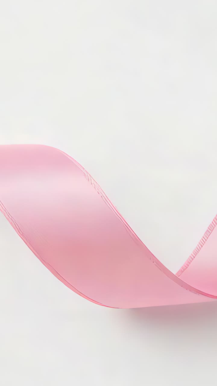 Vertical video: Entering pale pink ribbon drifting into loop forming awareness symbol on white wall