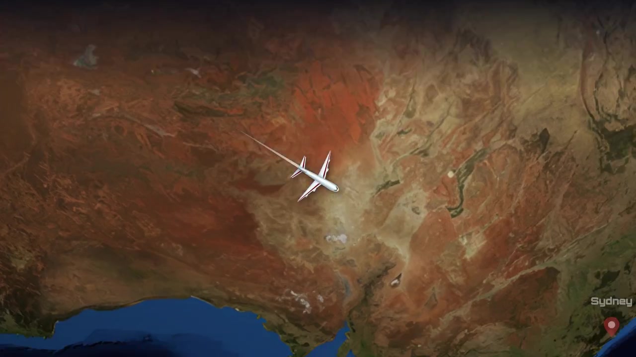 Satellite view animation follows a commercial airplane flying from Istanbul to Sydney across Earth