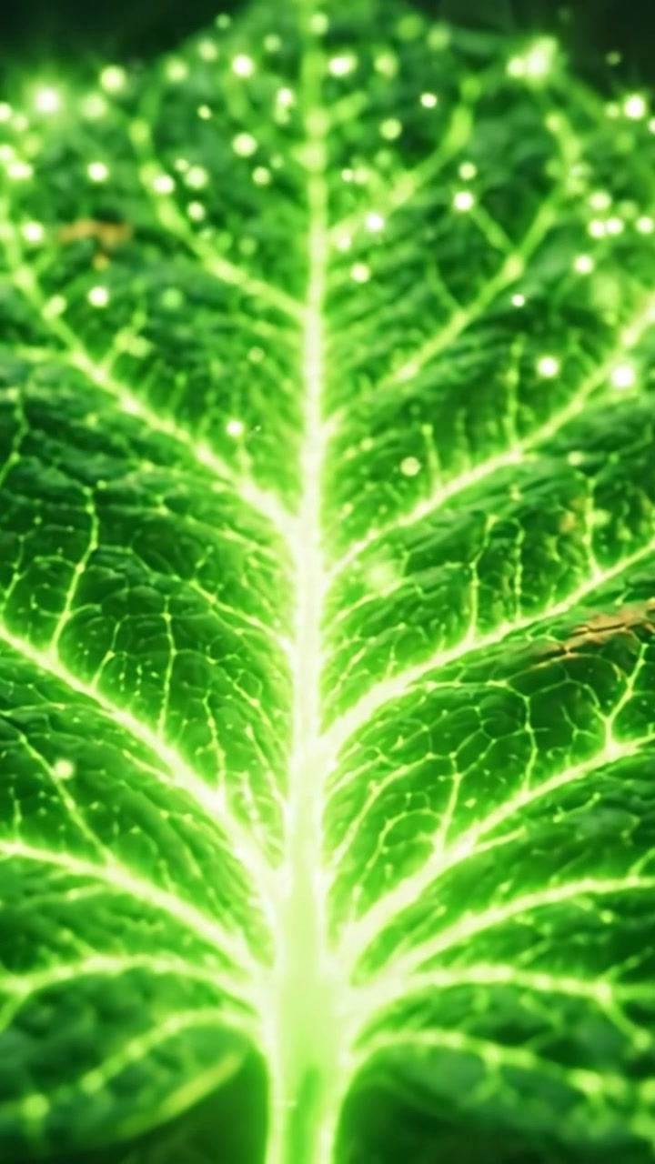 Primo piano di una foglia verde vibrante con venature luminose che rivelano le incredibili complessità e la bellezza della natura su uno sfondo organico.