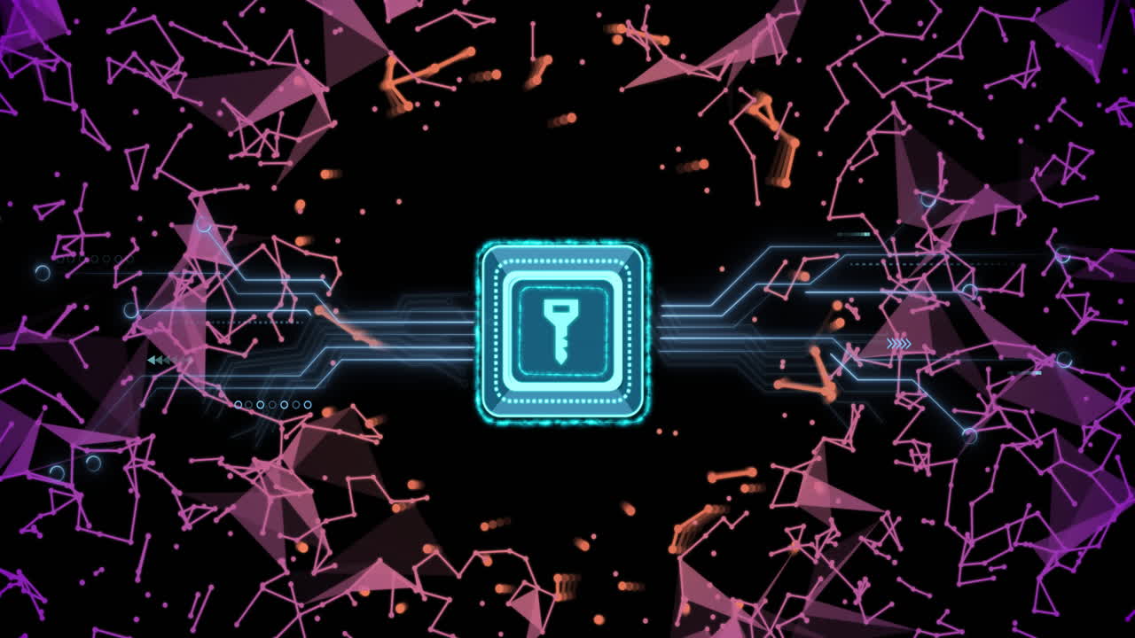 animación del procesamiento de datos y icono de tecla sobre fondo oscuro