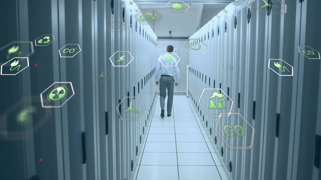 animación de los iconos que caen sobre la sala del servidor