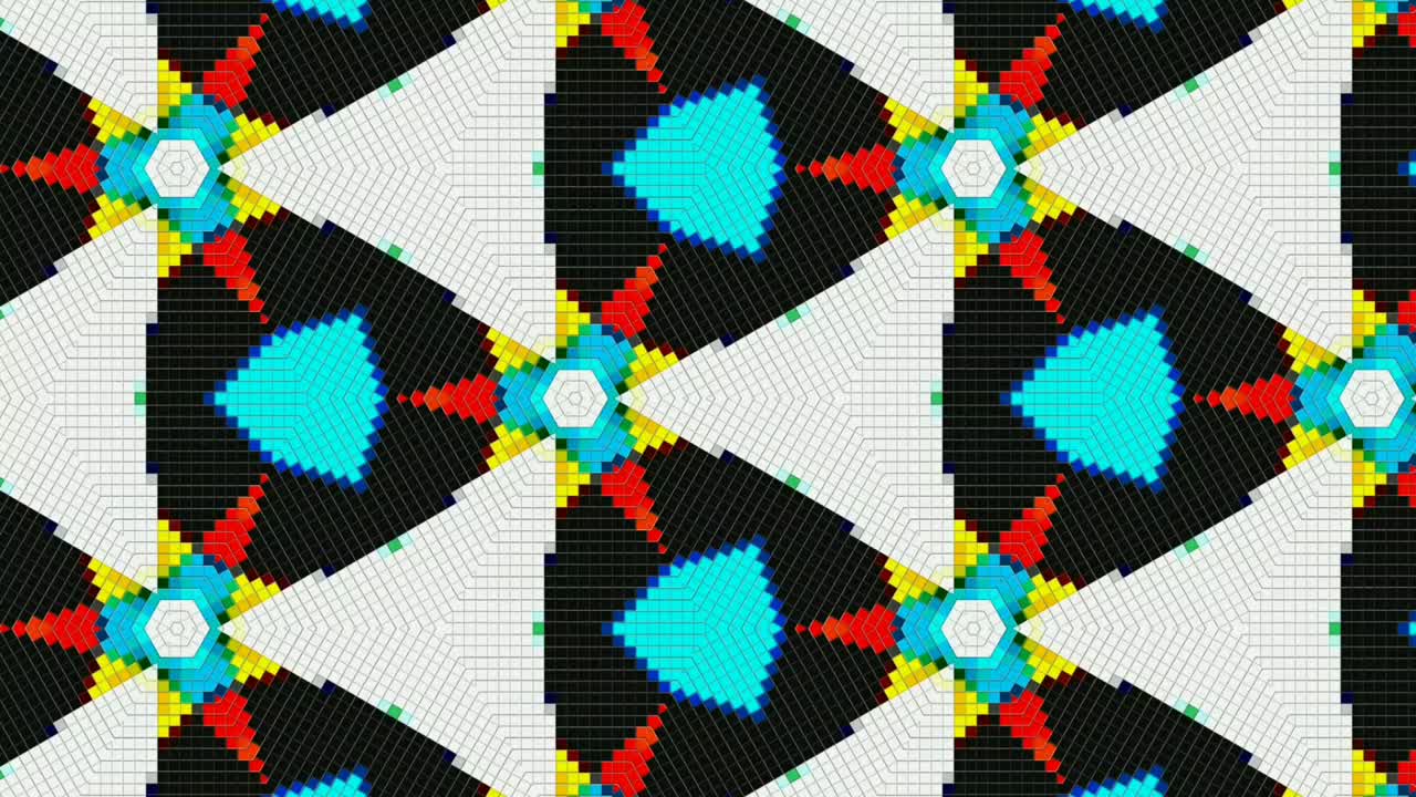 caleidoscopio de píxeles coloridos transformándose hacia afuera, gráfico