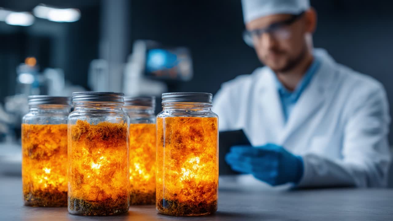 Scientist Observing Bioluminescent Jars in a Laboratory, Highlighting the Interaction of Light and Organic Materials in a Research Setting