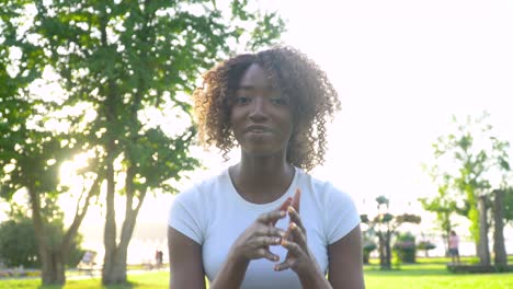 sonriente joven mujer africana blogger influyente sentado en el parque hablando mirando a la cámara hablando haciendo llamadas de videoconferencia grabación estilo de vida concepto de blog, vista de webcam
