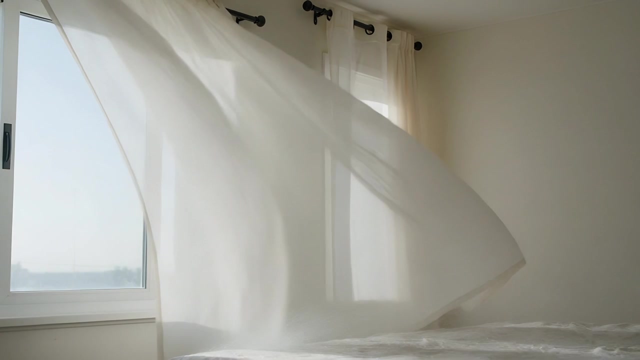 Tenda velata che ondeggia e si muove sul letto per la brezza da una finestra sinistra parzialmente aperta, mostrando gli anelli.