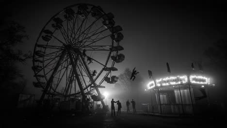 a mysterious night at the fair: captivating shadows of a ferris wheel and carnival attraction under veils of fog and enigmatic lights