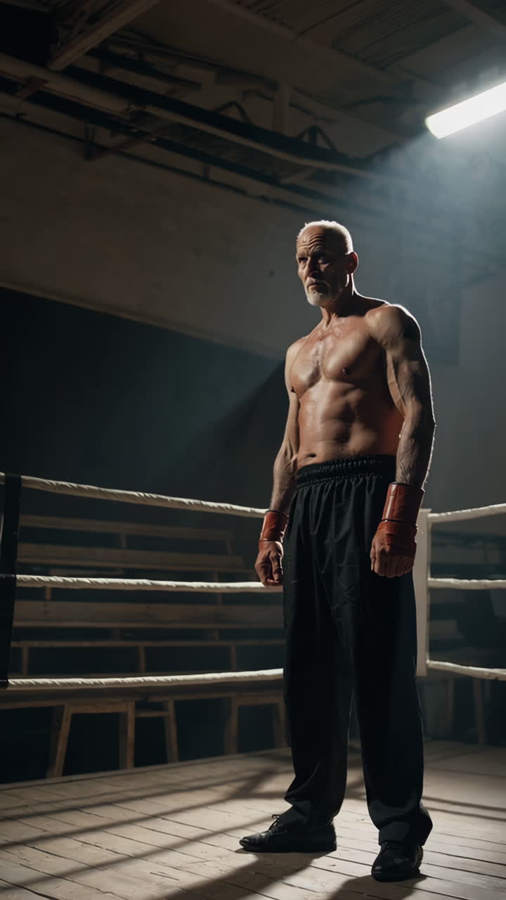 Senior Boxer Training in a Boxing Ring