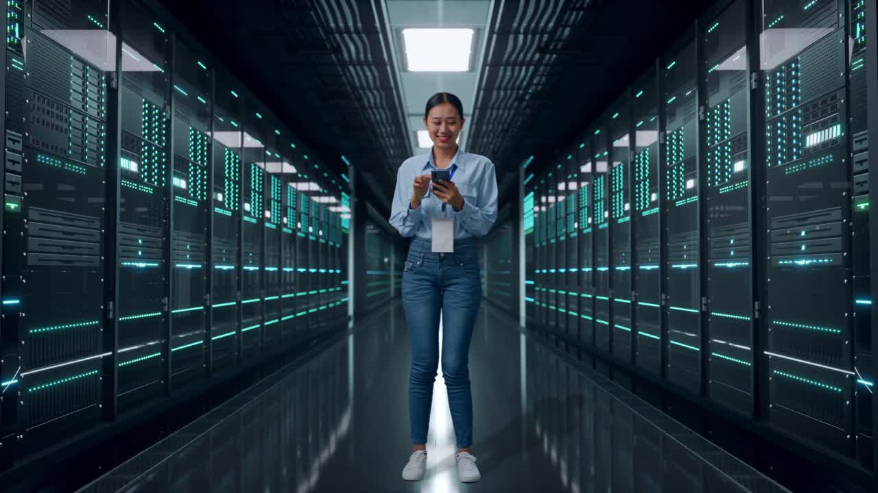 Figura intera di donna asiatica con il suo smartphone in una sala server di un data center, che lavora senza sosta.