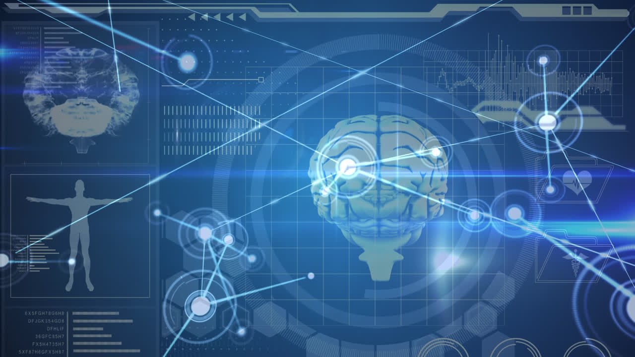 인간 뇌와 의료 데이터 처리와의 연결 네트워크의 애니메이션