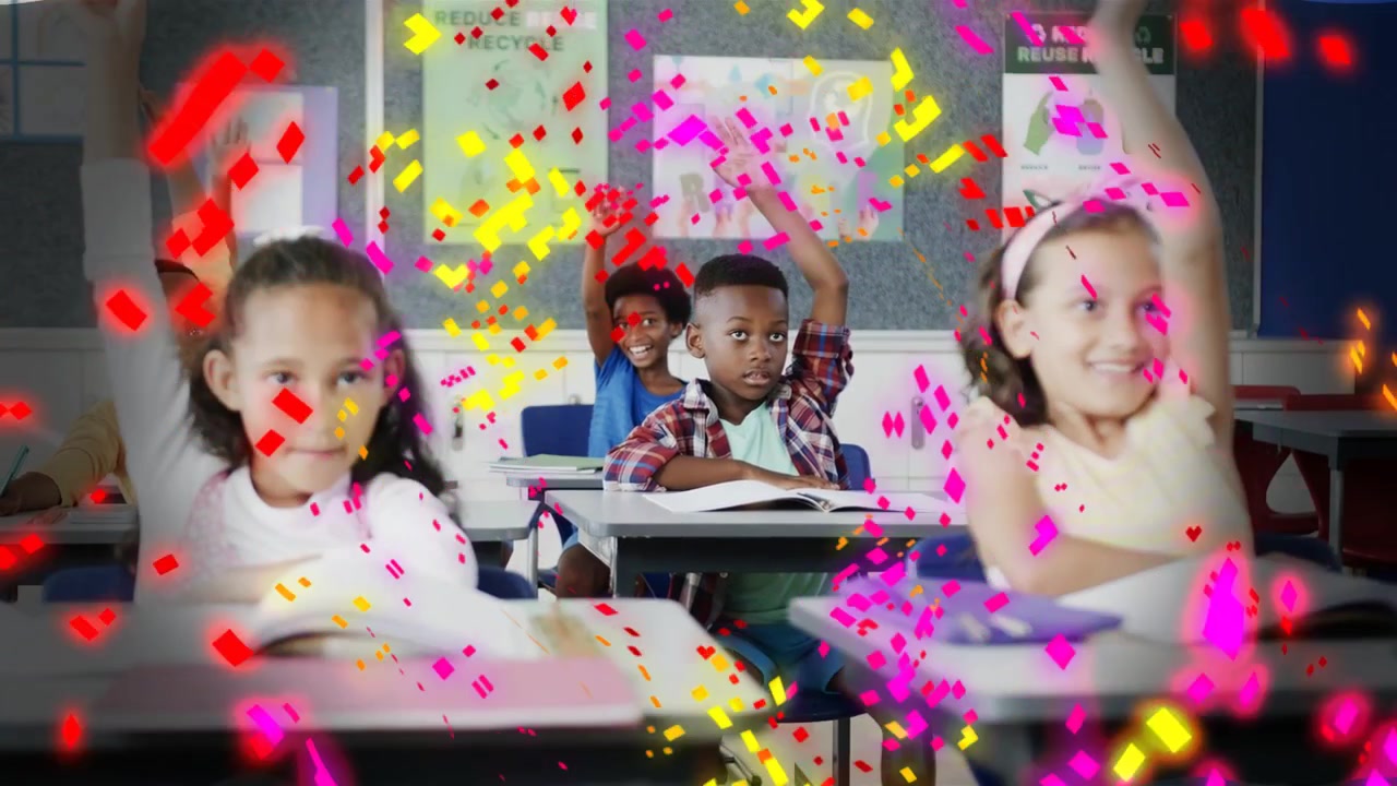 Students raising hands after teacher asking question in classroom, confetti overlay growing denser