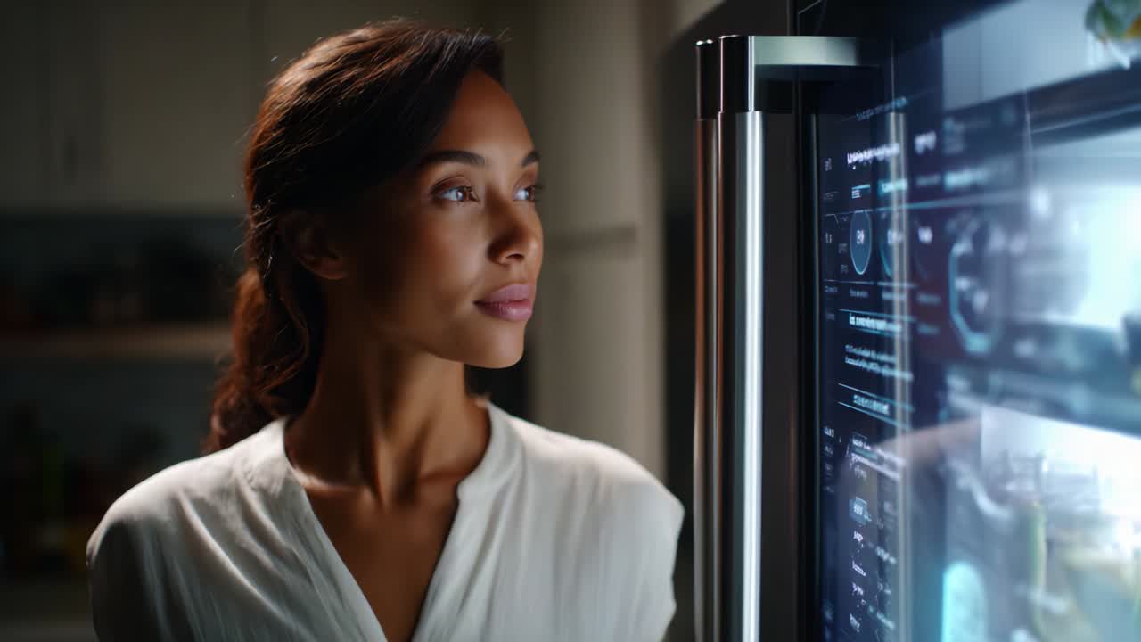 A thoughtful moment captured as a woman gazes intently at a high-tech refrigerator panel displaying various features and options, reflecting the intersection of modern appliances and personal lifestyle choices