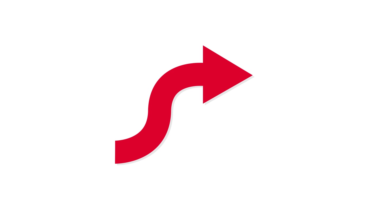 Freccia rossa curva animata su sfondo bianco