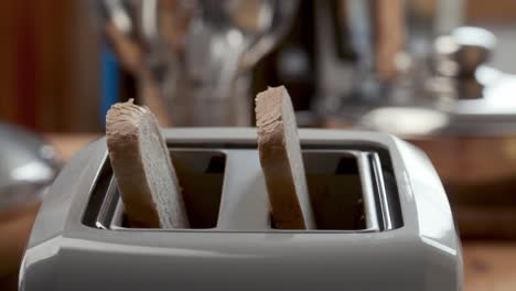 two slices of bread being lowered into toaster in the kitchen