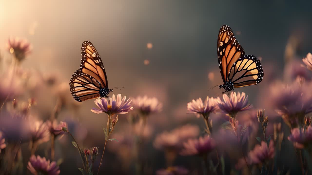Un momento sereno nella natura: due farfalle monarca che danzano tra colorati fiori selvatici nel tenue bagliore della luce serale.