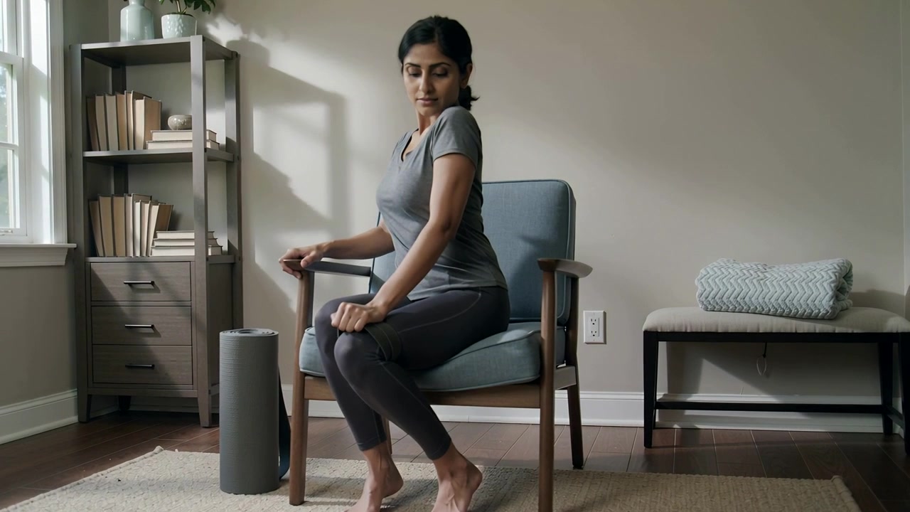 Twisting woman in gray outfit turning torso right from upright on chair at home, stretching back
