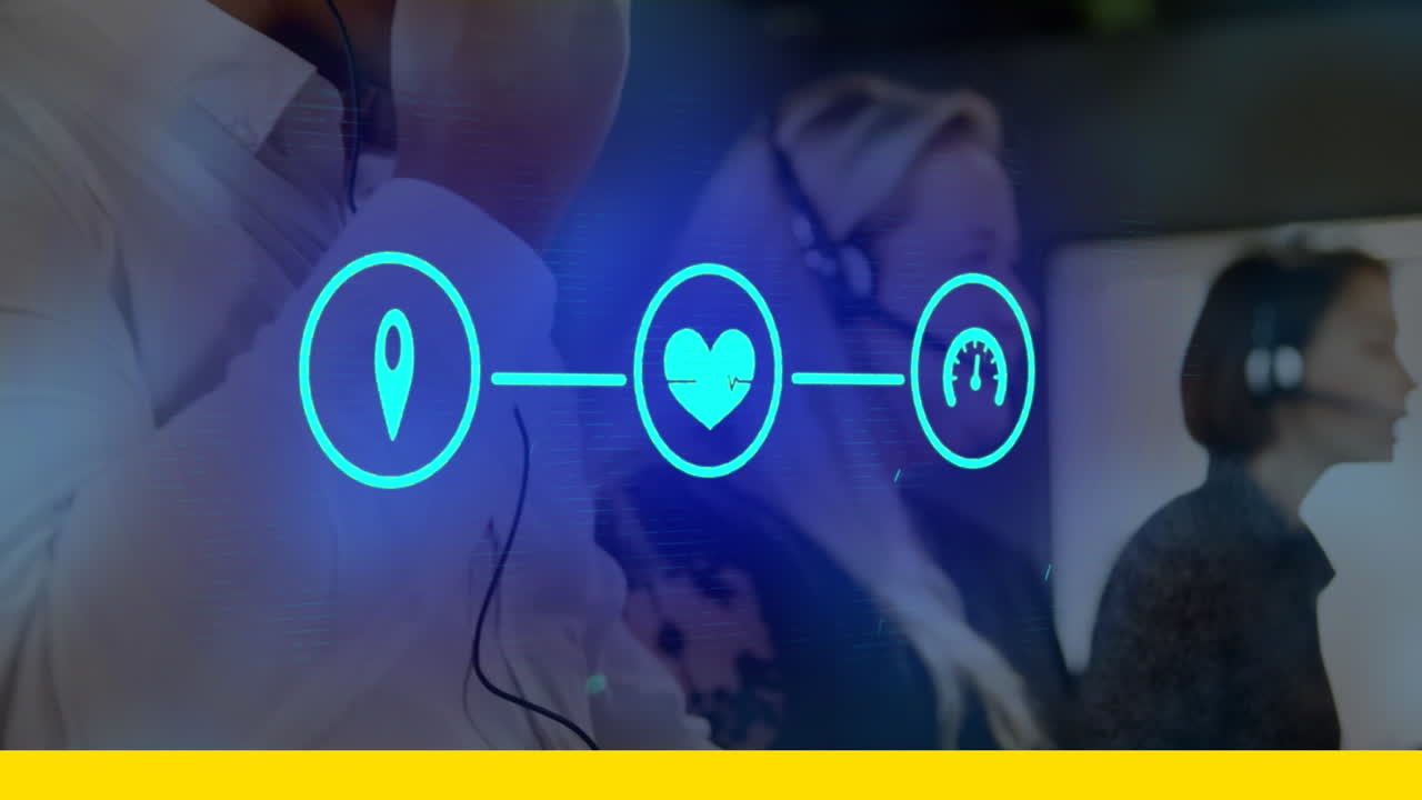 animación de tres iconos digitales sobre el hombre usando auriculares de teléfono