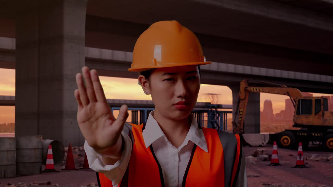 Primo piano di un'ingegnera asiatica con casco di sicurezza che esprime disapprovazione con il gesto della mano mentre si trova nel sito di costruzione di un'autostrada