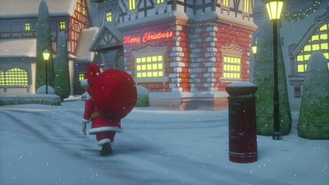 santa claus carries a bag with gifts. merry christmas and happy new year 2021 animation. view of a small town or village on a winter night at christmas