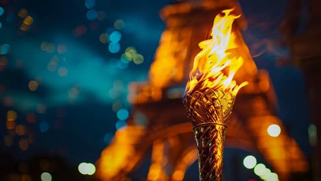 Burning Torch in front of the Eiffel Tower at Night