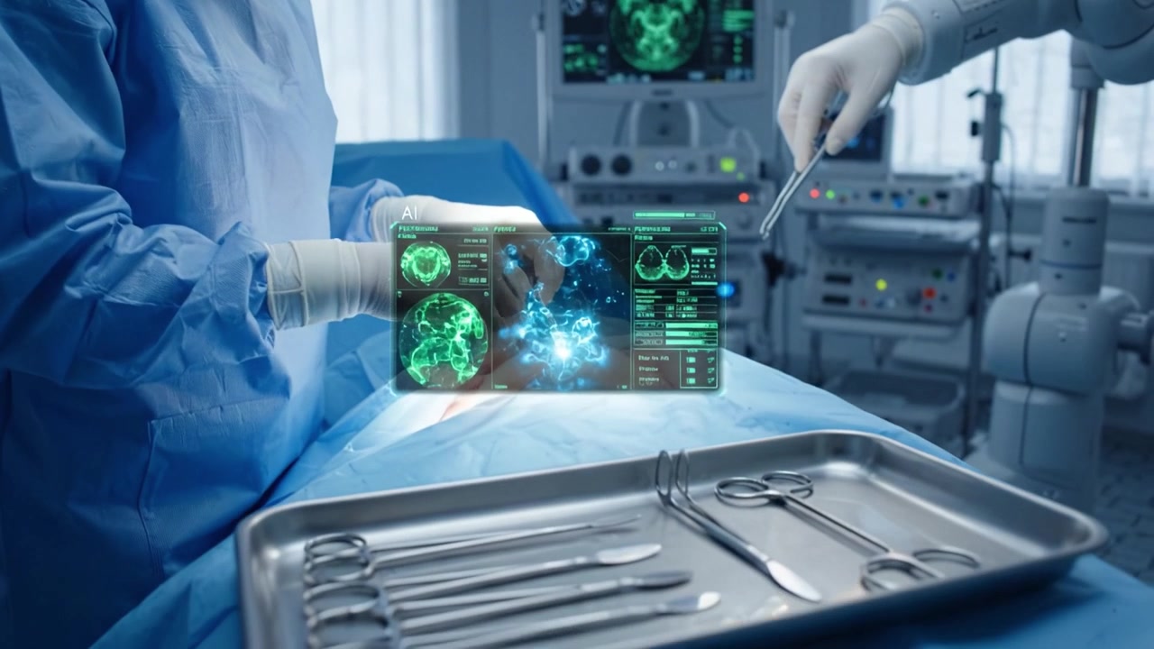 A surgeon in a futuristic operating room utilizing augmented reality technology for advanced visualization of patient data and surgical procedures.