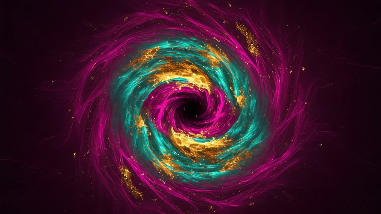A mesmerizing spiral vortex featuring vibrant hues of turquoise, pink, and gold, showcasing a dynamic flow of energy in an abstract cosmic formation