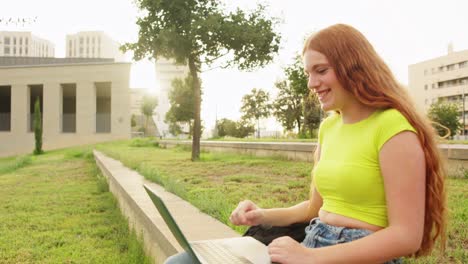 woman using laptop in park