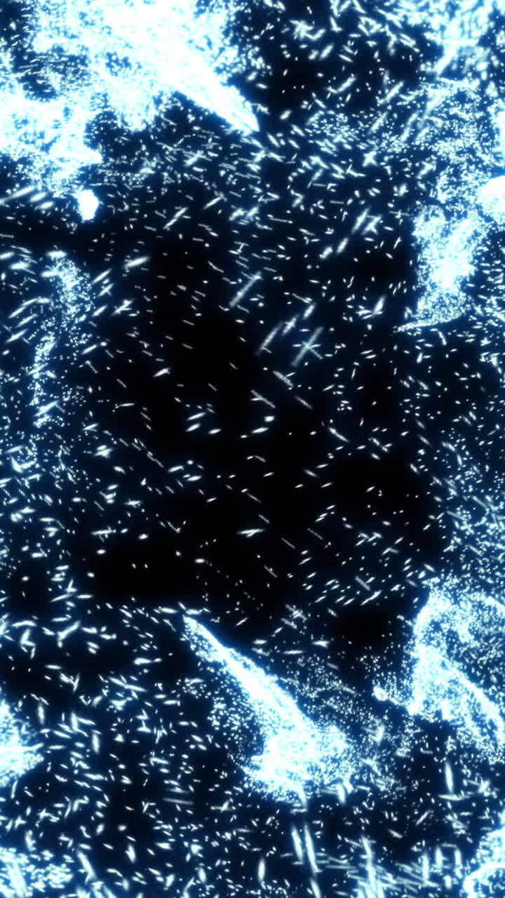 Particelle blu astratte luminose che vorticano su sfondo nero.