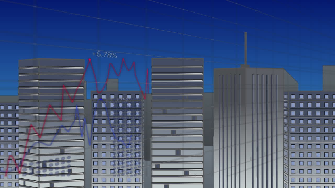 Animación de estadísticas y procesamiento de datos sobre un paisaje urbano