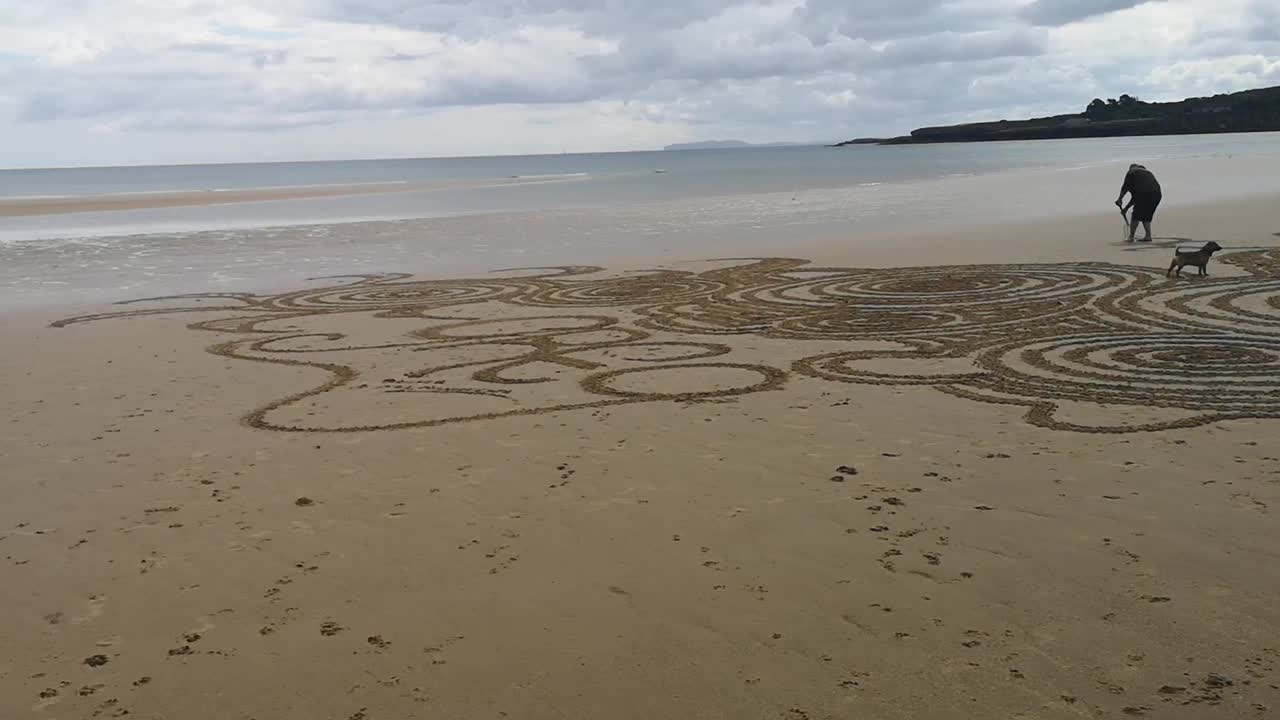 남자가 개와 함께 황금 모래  ⁇ 글세이 해변에서 원형 패턴을 만 ⁇ 니다.