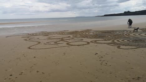 Male-creating-circular-patterns-on-golden-sandy-Anglesey-beach-with-his-dog